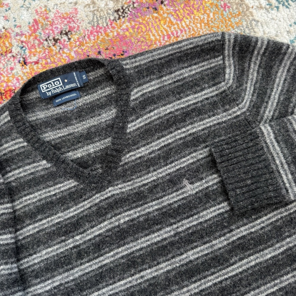 Vintage Polo Ralph Lauren Lambswool V-Neck Sweater Mens Small Striped Grey
